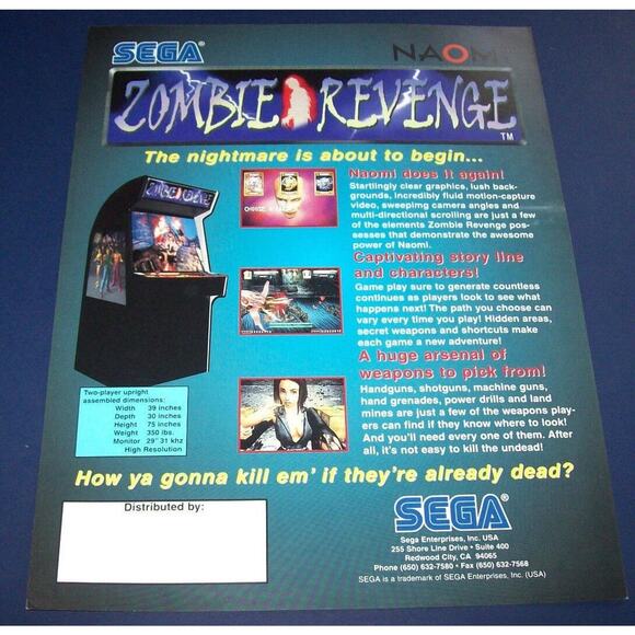 Zombie Revenge Arcade FLYER 1999 Original Video Game Horror Zombies Artwork - Picture 2 of 2